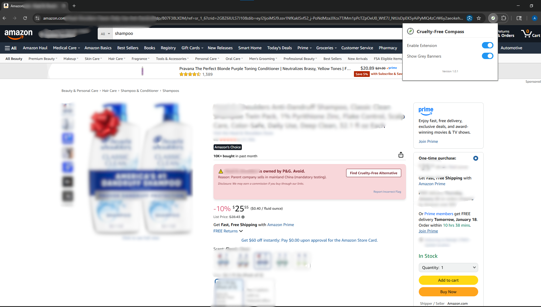 Cruelty-Free Compass Chrome Extension warning banner on an Amazon product page